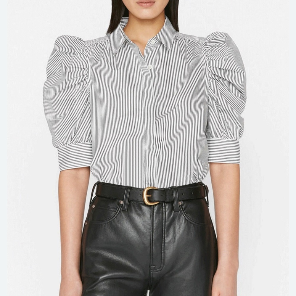 Frame Denim Black and White Striped Blouse